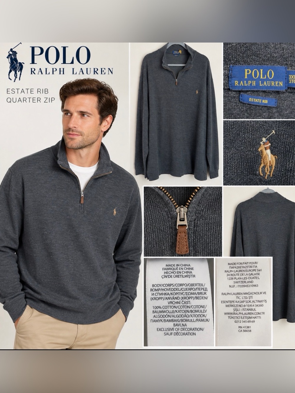 Polo Ralph Lauren Estate Rib 1/4 Zip Pullover Sweater Gray 3XLT Big & Tall